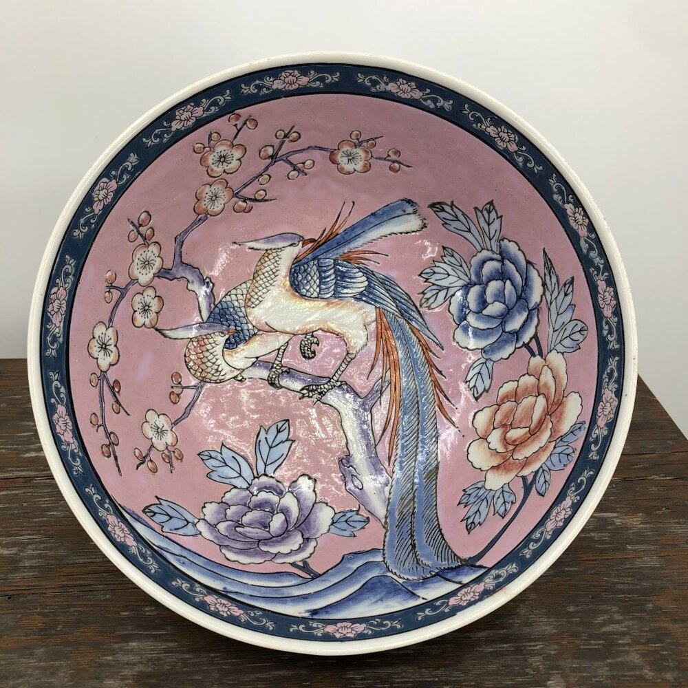 10" Bird of Paradise Bowl Porcelain Enamel Hand Painted In Macau Decretive Chine